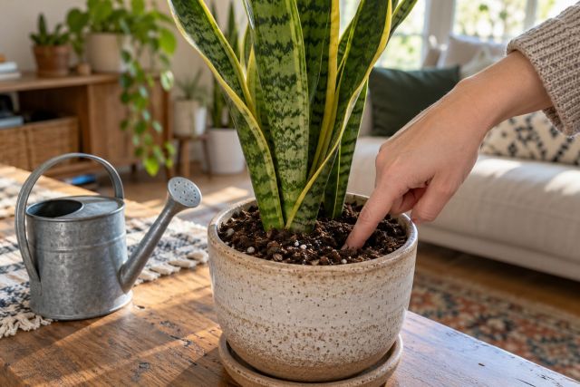 Testing the compost with a finger before watering