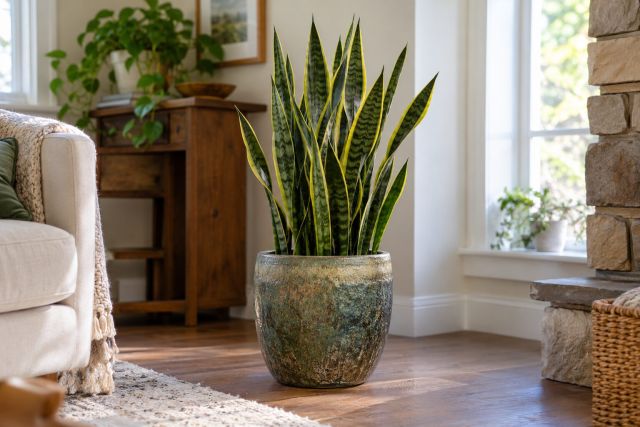A tall snake plant in a living room corner