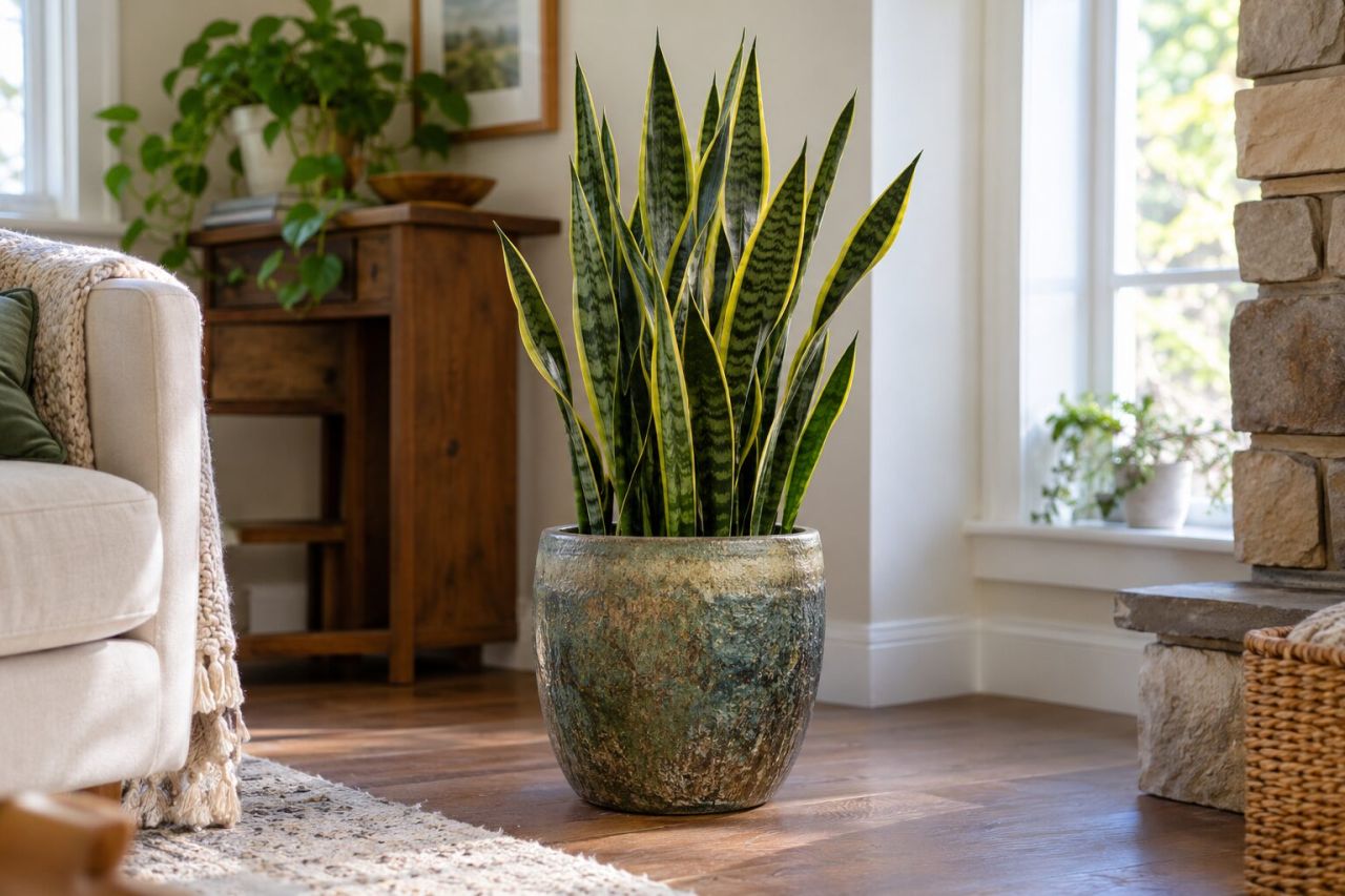 A tall snake plant in a living room corner
