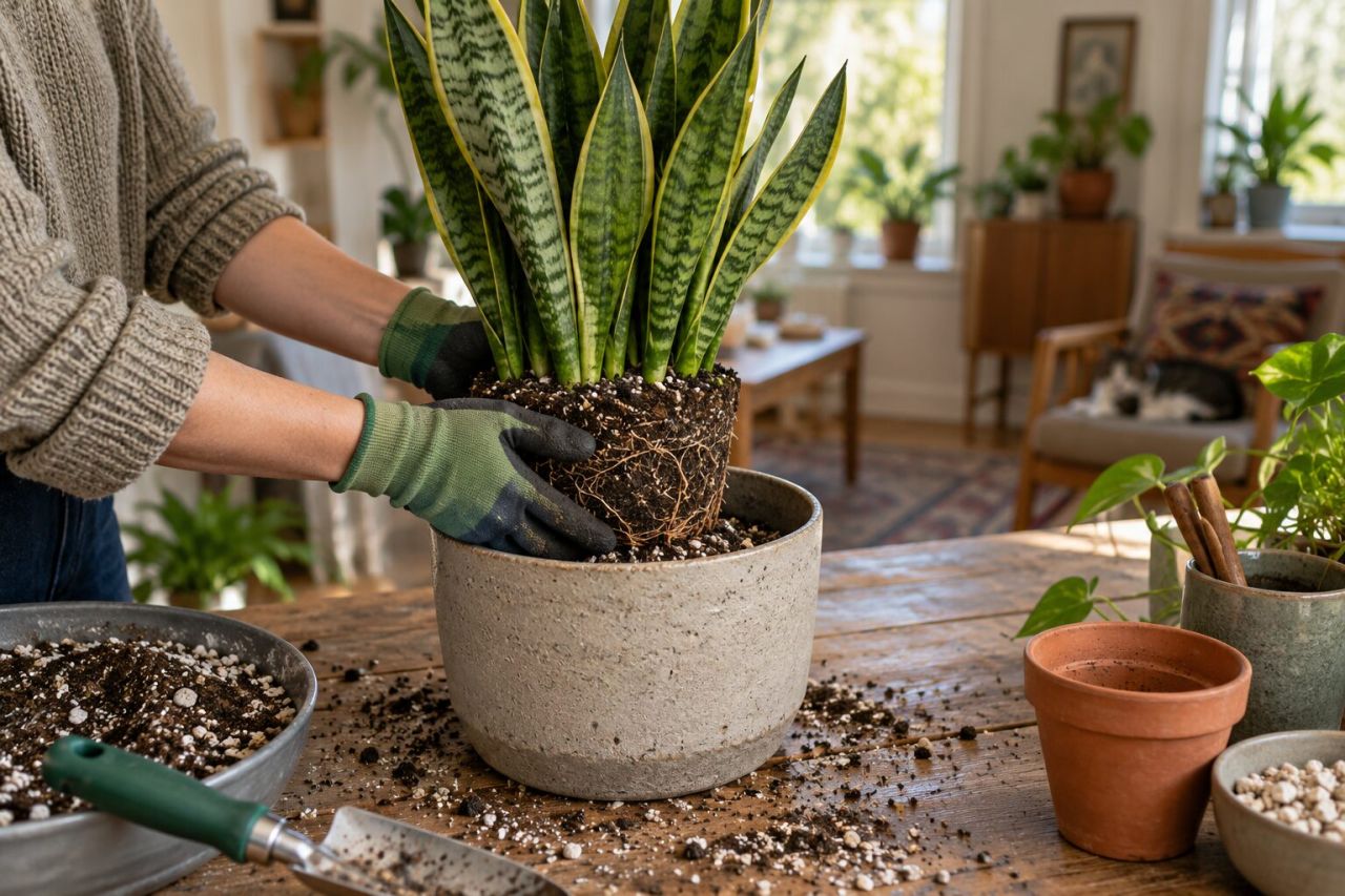 Repotting a snake plant into a slightly larger pot