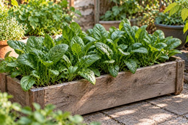 Spinach in a trough on a patio