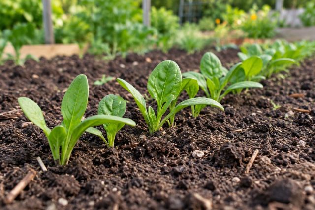 Spinach seedlings coming up in a row