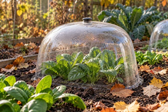 Spinach under a cloche in autumn