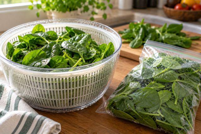 Washed spinach in a salad spinner