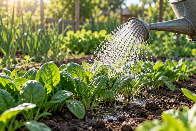 Watering spinach in the morning