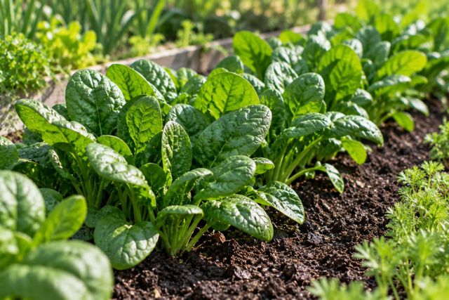 A row of healthy young spinach plants