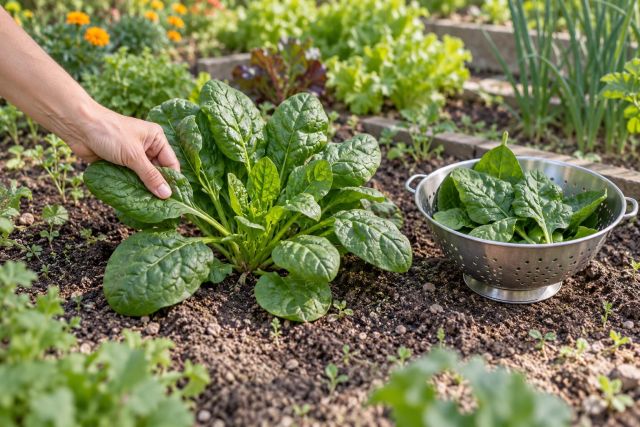 Picking outer spinach leaves