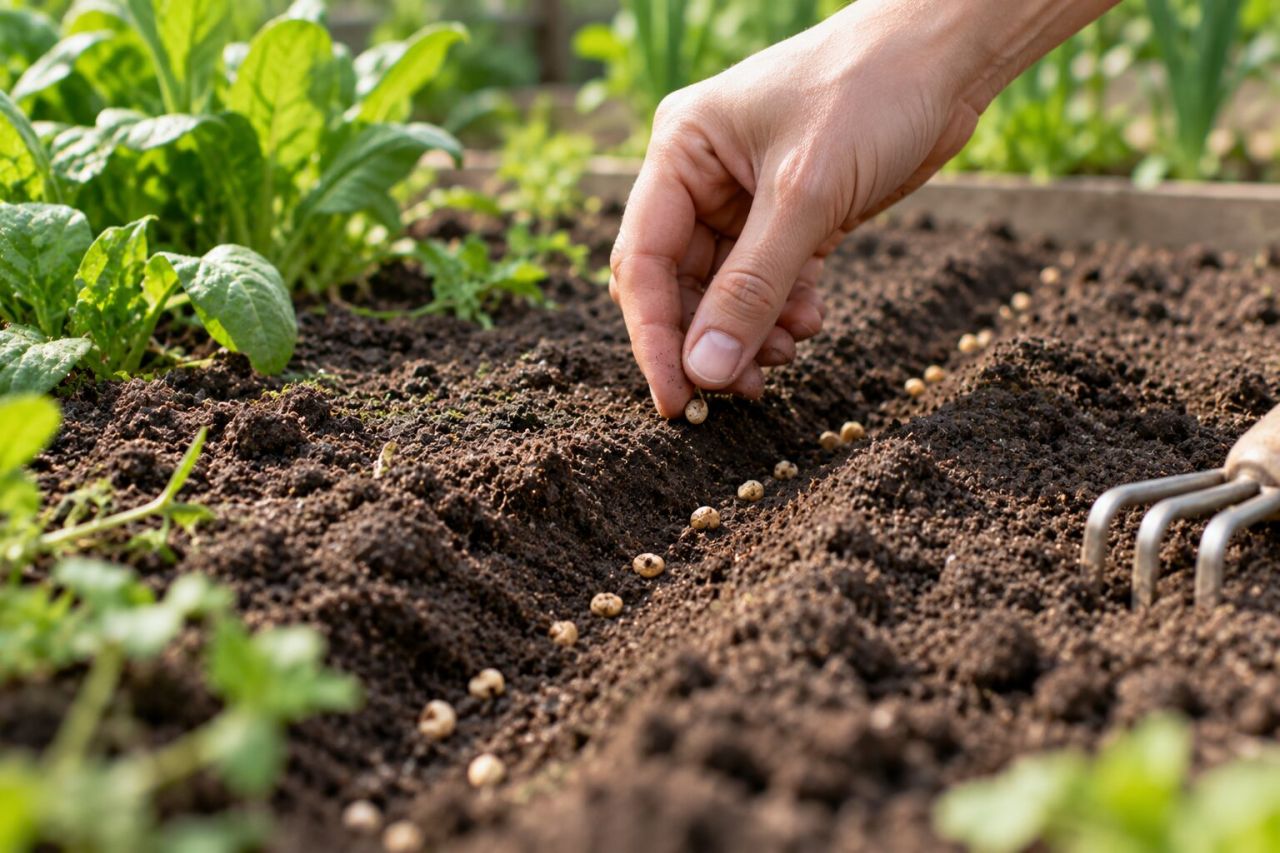 Sowing spinach seed thinly along a drill
