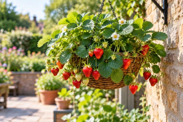 Strawberries in a hanging basket