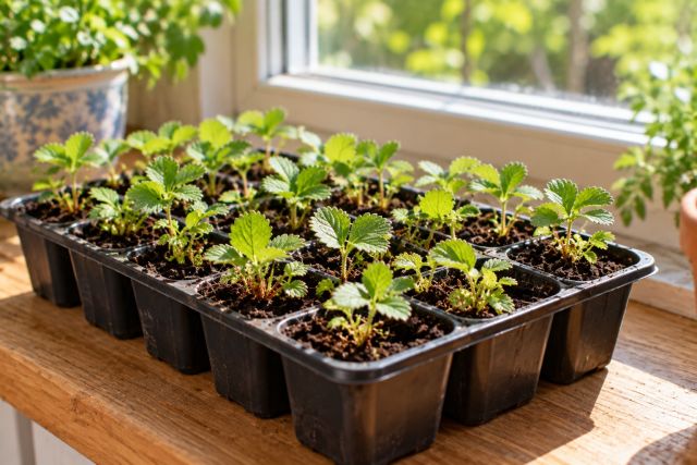 Alpine strawberry seedlings in a tray