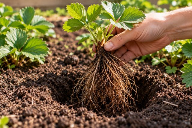 A bare-root strawberry runner ready to plant