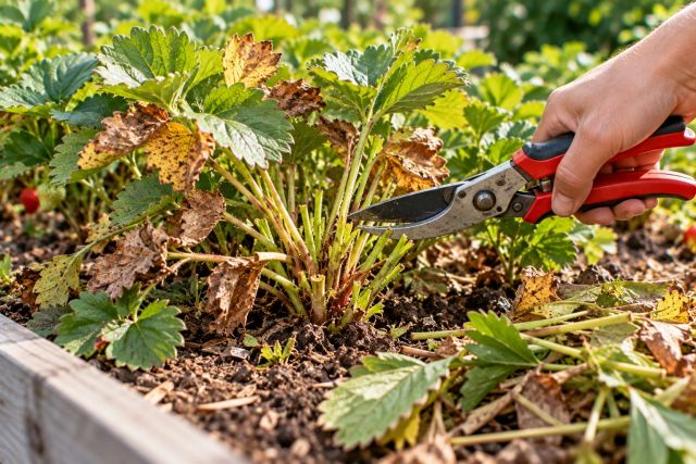 Cutting back old strawberry leaves after fruiting