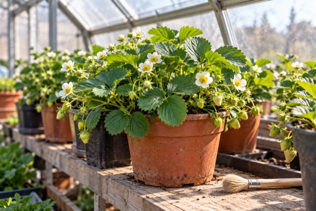 Potted strawberries flowering in a greenhouse