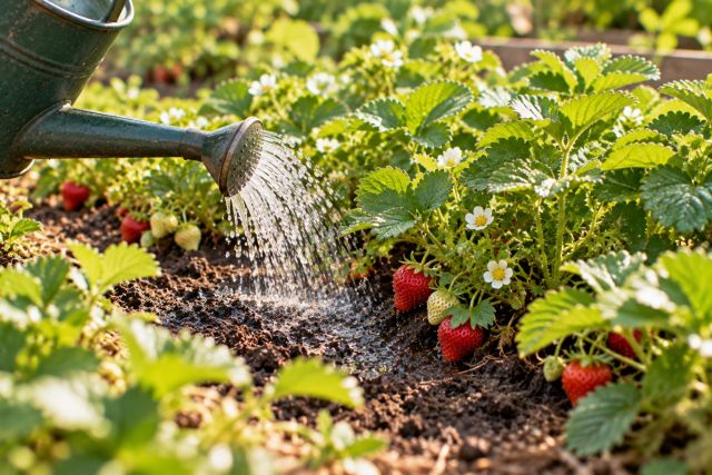 Watering strawberries at the base