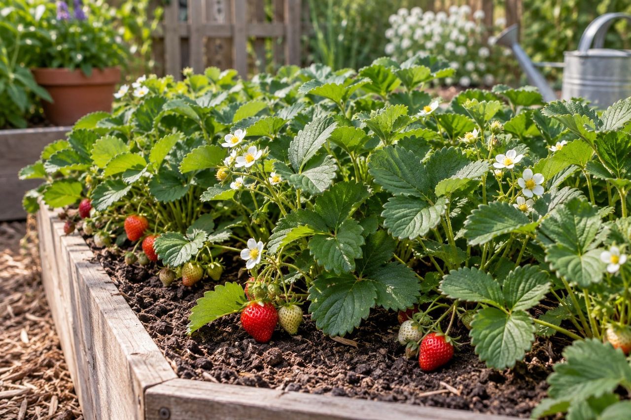 Strawberries growing in a garden