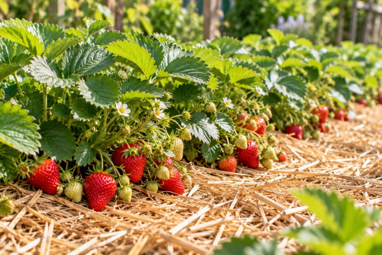 Strawberry plants mulched with straw