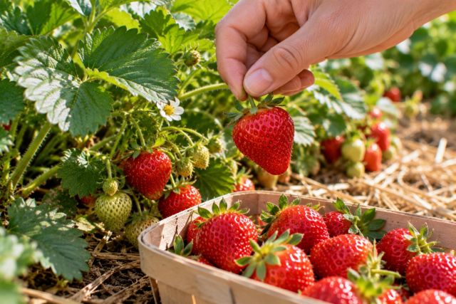Picking a ripe strawberry by the stalk