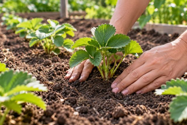 Planting a strawberry with the crown at soil level