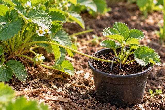A strawberry runner pegged into a small pot