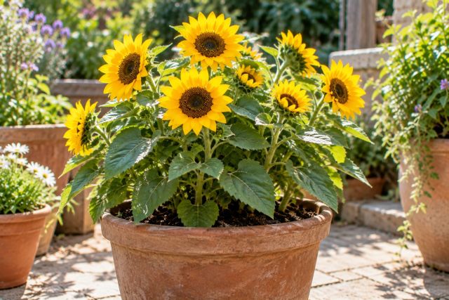 Dwarf sunflowers in a pot