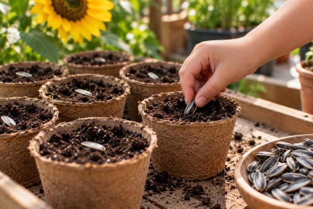 Sowing a sunflower seed in a small pot