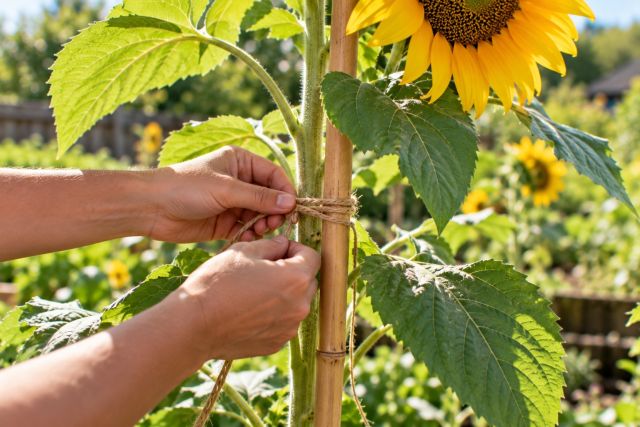 Tying a tall sunflower to a cane