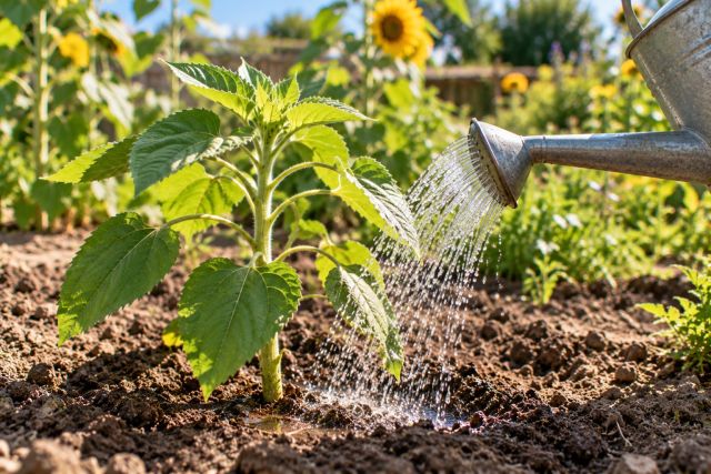 Watering a young sunflower