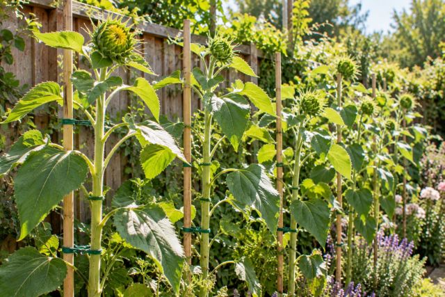 Tall sunflowers tied to canes against a fence