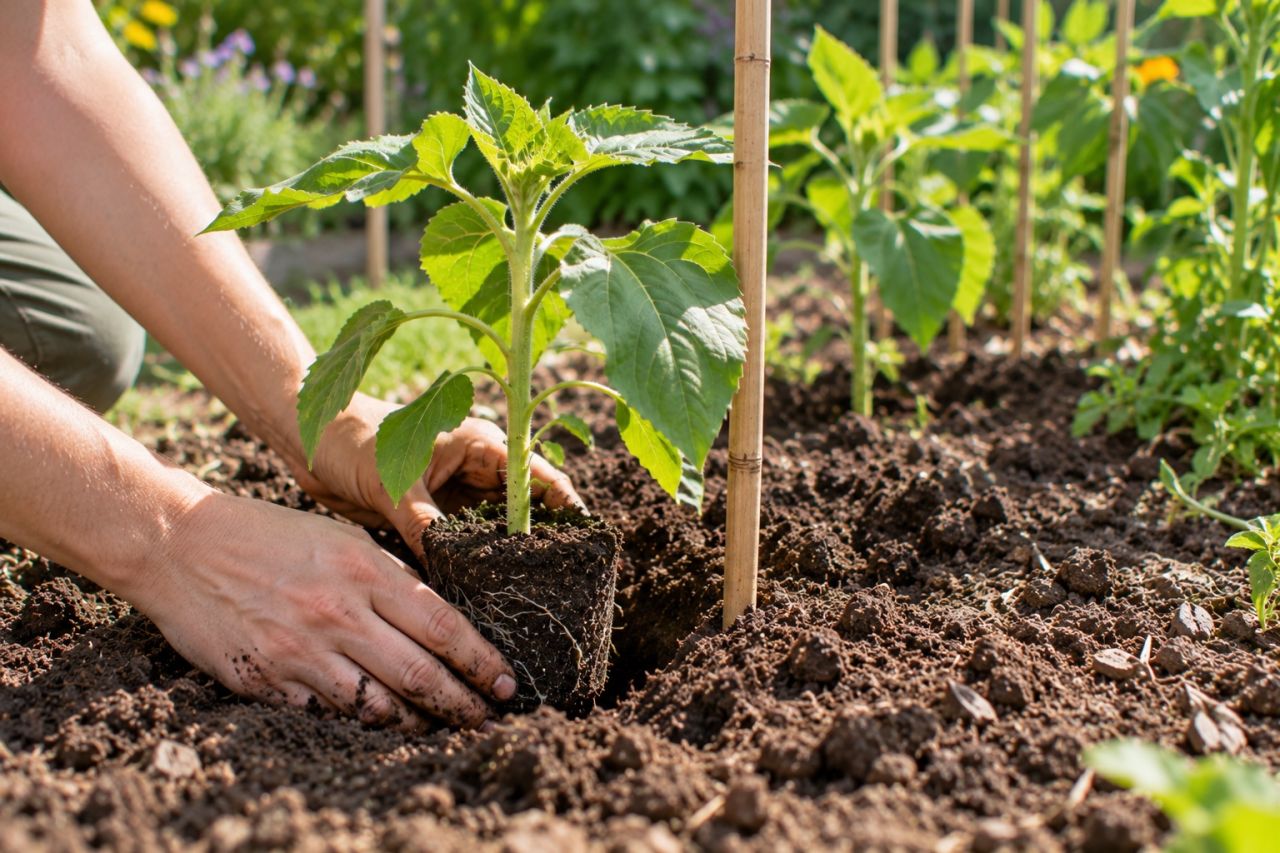 Planting a young sunflower beside a cane