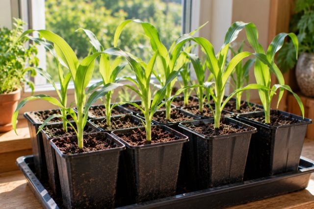 Sweet corn seedlings in deep pots