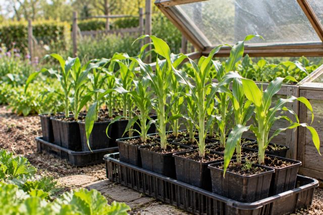 Sweet corn plants hardening off outdoors
