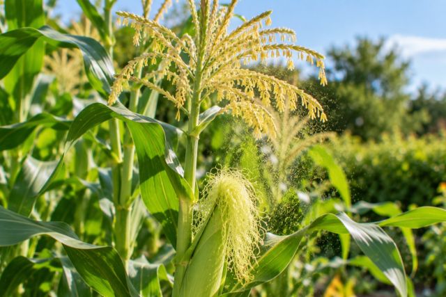 Sweet corn tassels shedding pollen above silks