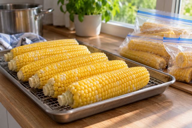 Blanched cobs ready for the freezer