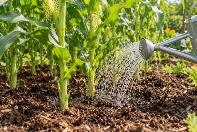 Watering the base of sweet corn