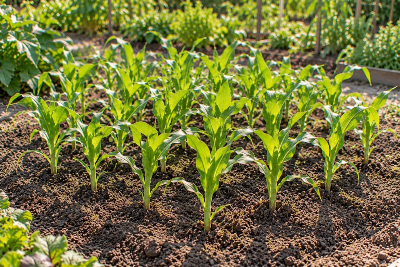 Young sweet corn planted out in a square block