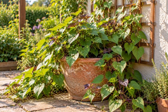 A sweet potato growing in a large pot