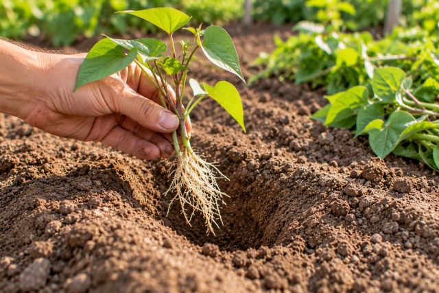 A rooted sweet potato slip ready to plant