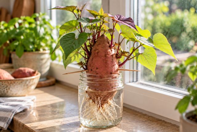 A sweet potato sprouting slips in a jar of water