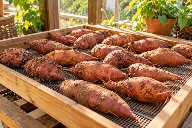 Sweet potatoes curing on a mesh tray