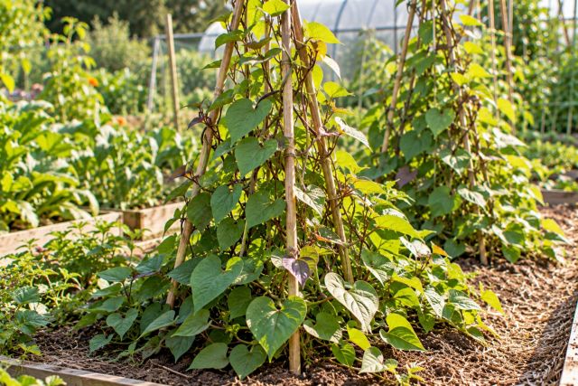 Sweet potato vines trained up a cane wigwam