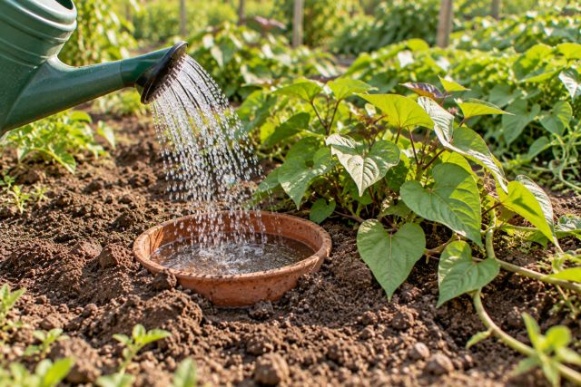 Watering into a pot sunk beside a sweet potato