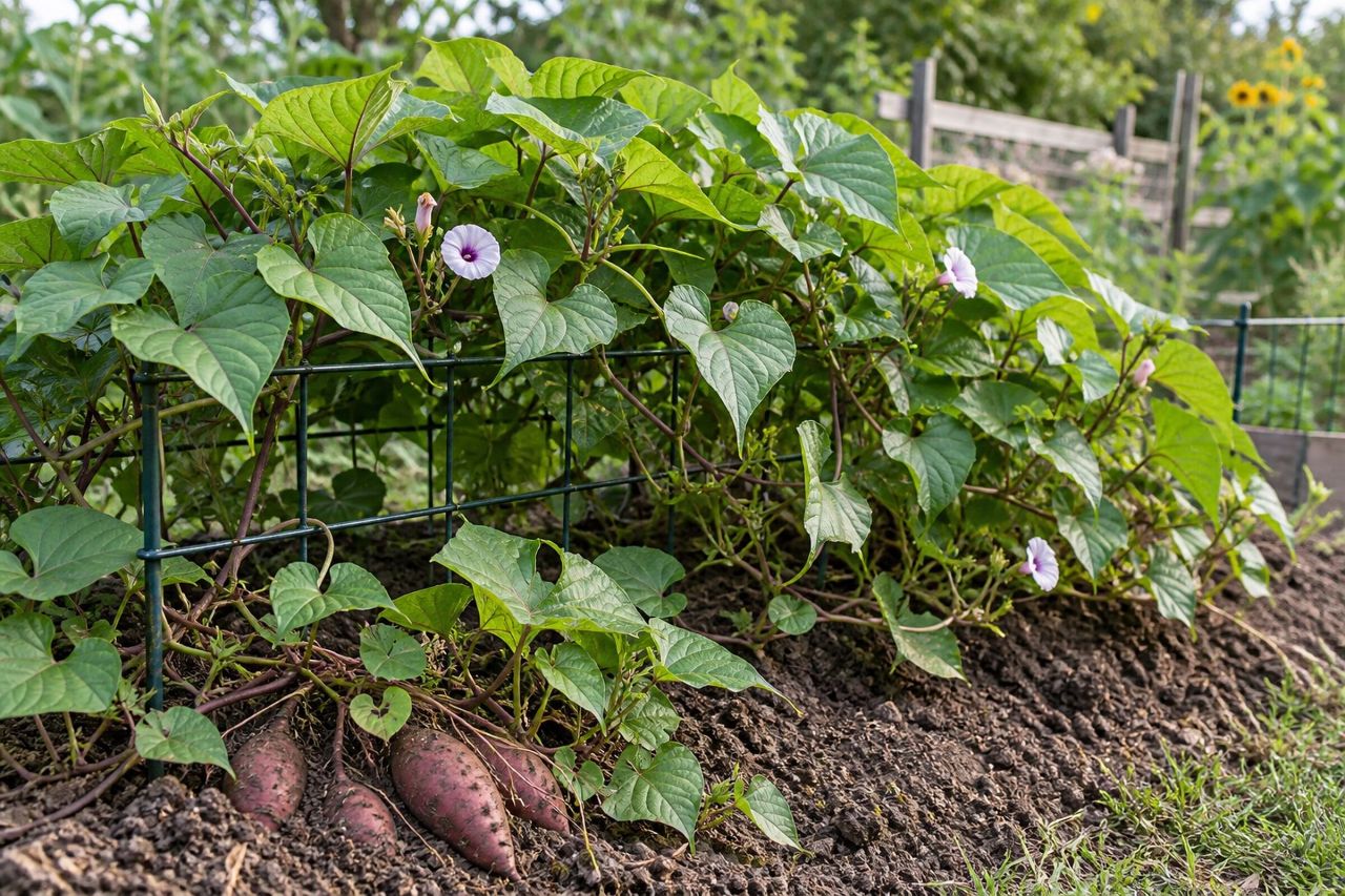 Sweet potatoes growing in a garden