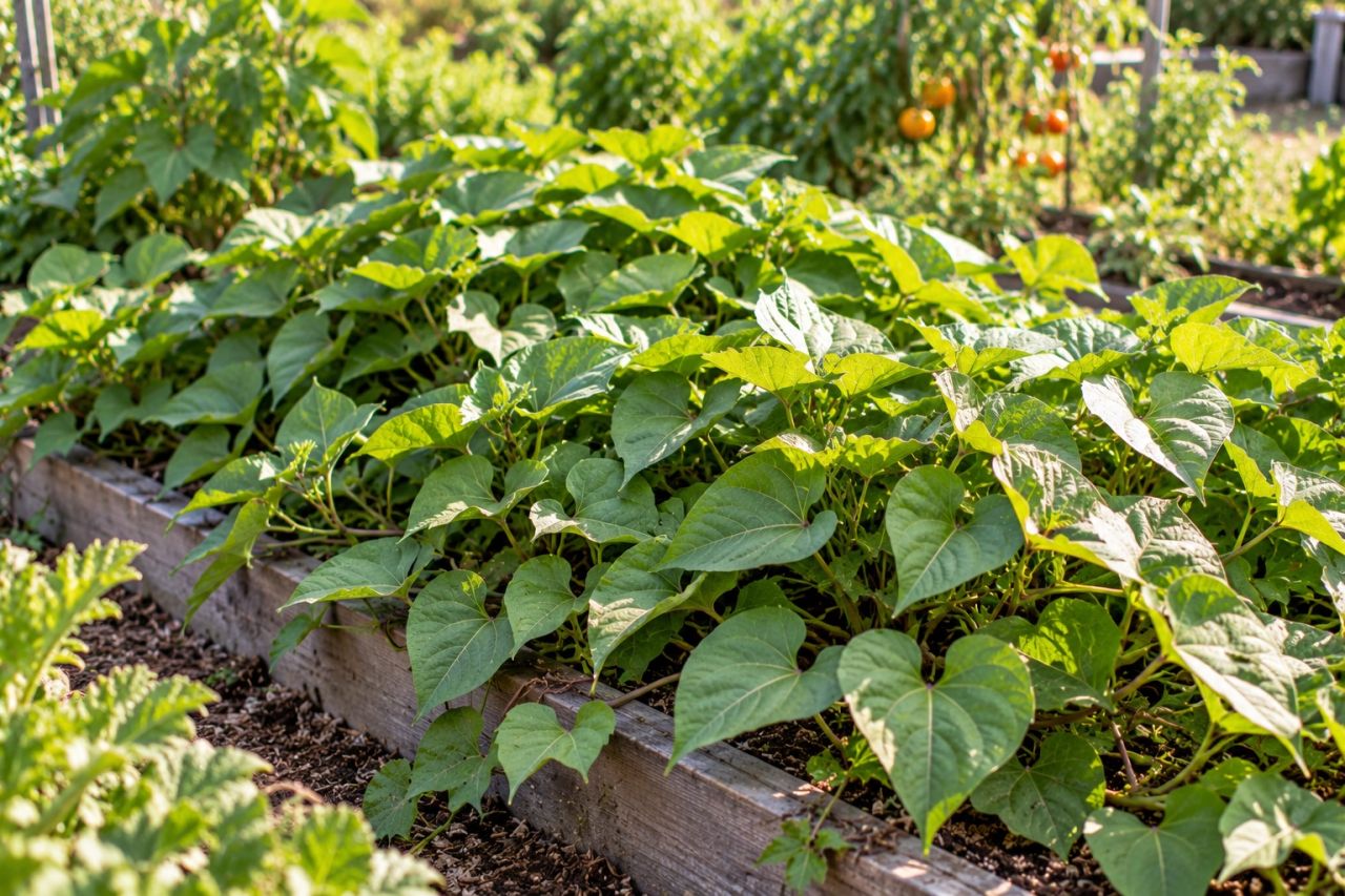 Sweet potato vines covering the ground