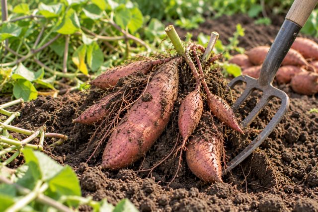 Lifting sweet potatoes with a fork
