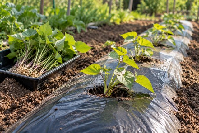 Planting sweet potato slips through black plastic