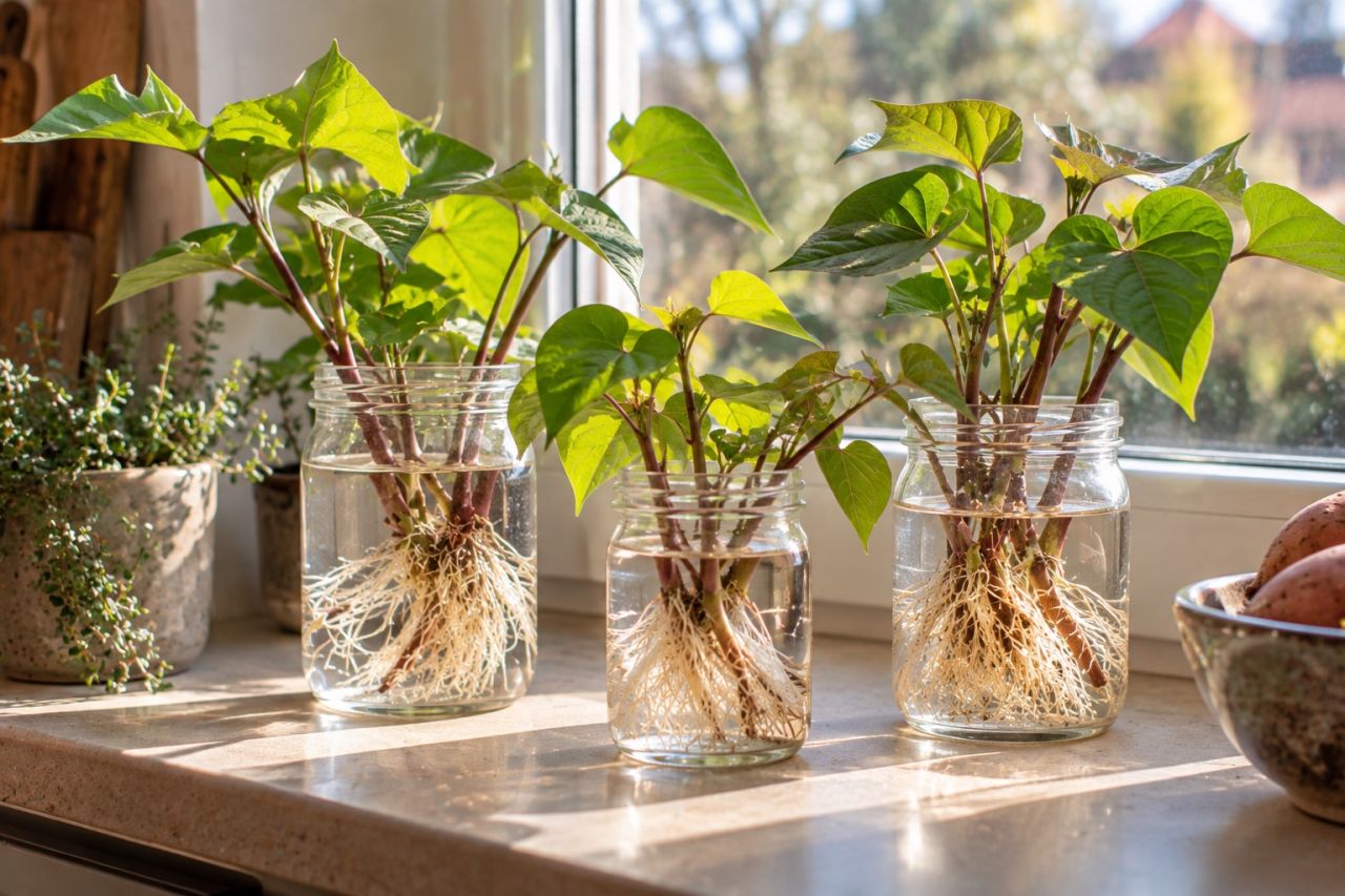 Sweet potato cuttings rooting in water