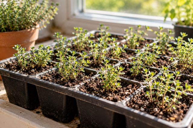 Thyme seedlings in a tray