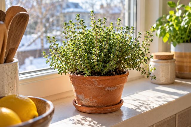 Potted thyme on a sunny windowsill