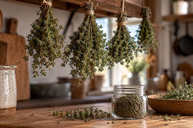 Bunches of thyme drying