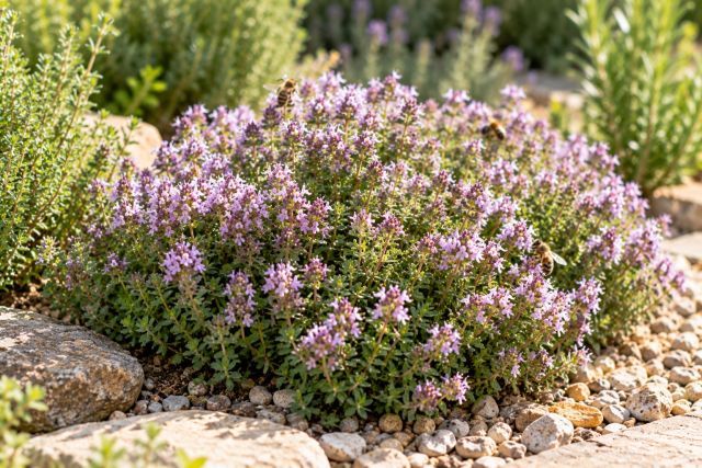 A mound of flowering thyme with bees